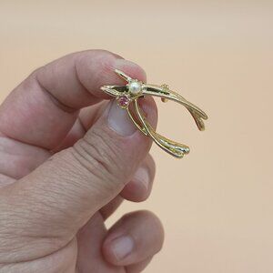 Vintage Double Wishbone Brooch Pin Gold Tone Pink Rhinestone Faux Pearl Unsigned